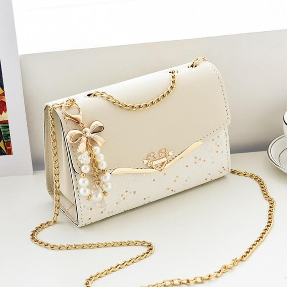 Beige PU Leather Glitter Handbag with Heart & Pearl Decor, Versatile Style - Picture 7 of 9